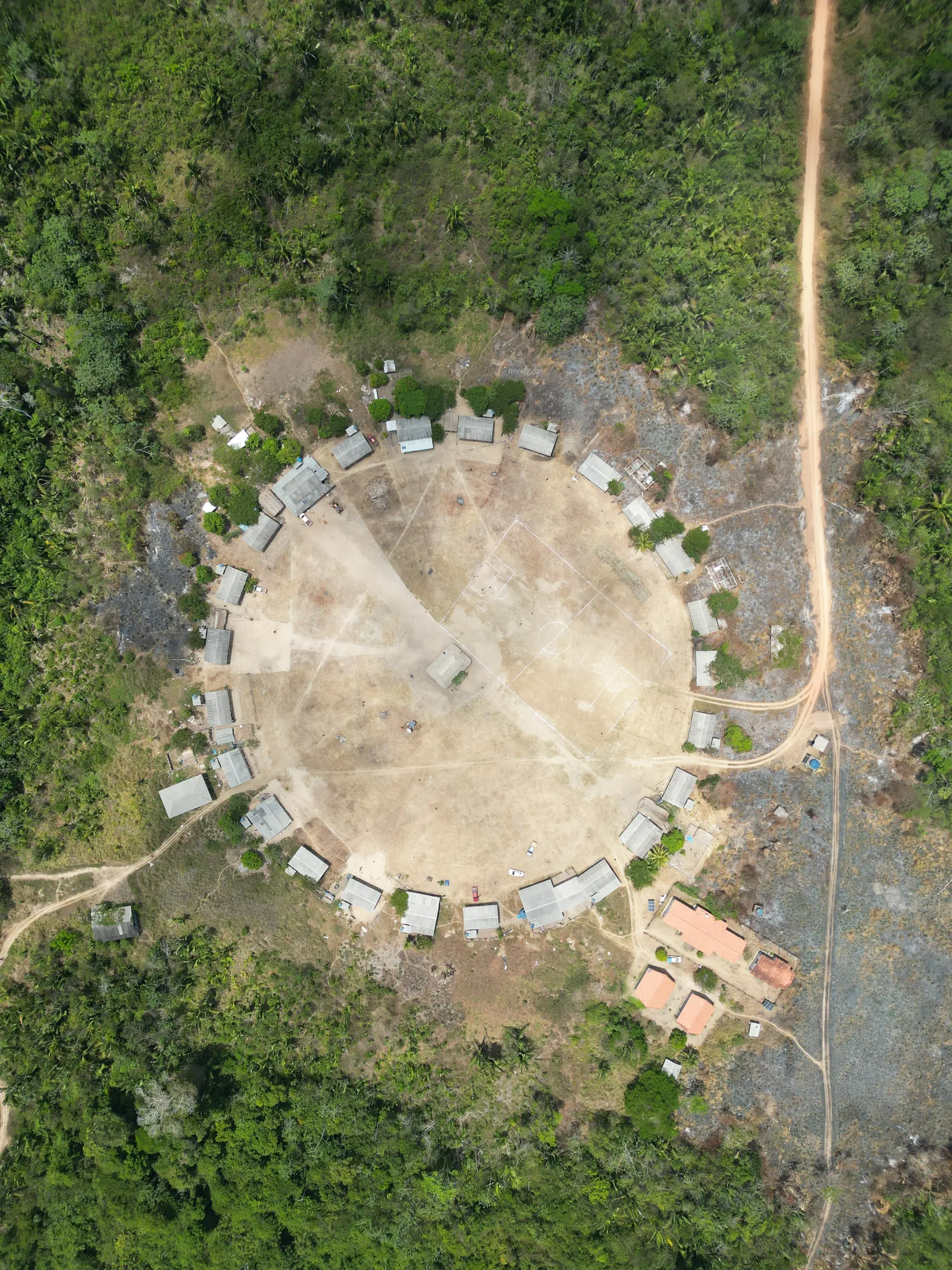 Circular village seen from above: houses around a large earthen plaza